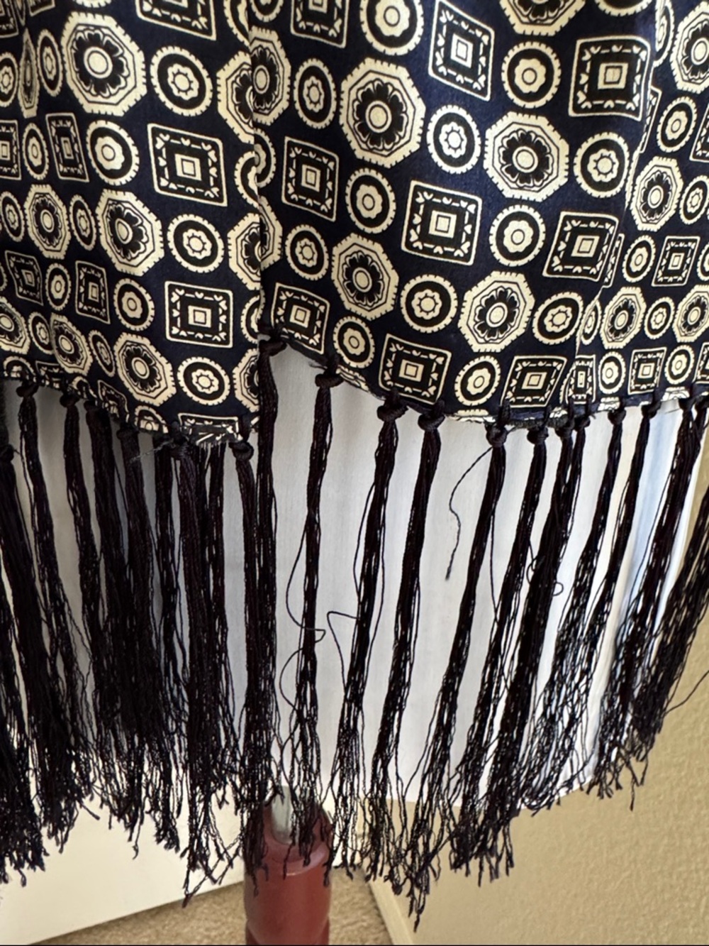 Silk Geometric Black & Cream Scarf with Fringe - Picture 7 of 7